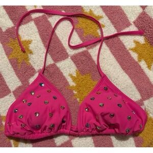 NEW Wild Fable Hot Pink‎ Colorful Rhinestone Heart Studded Bikini Top, Medium